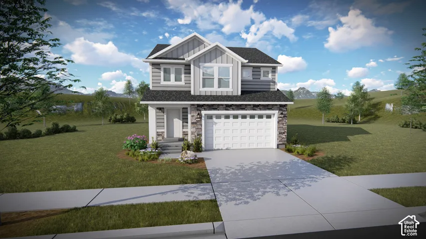 Two-story residential exterior featuring a mix of siding and stone veneer