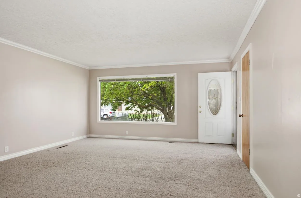 Spacious room with plush carpeting, a large picture window, and crown molding