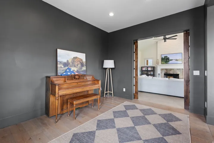 Hardwood-style flooring with dark gray walls