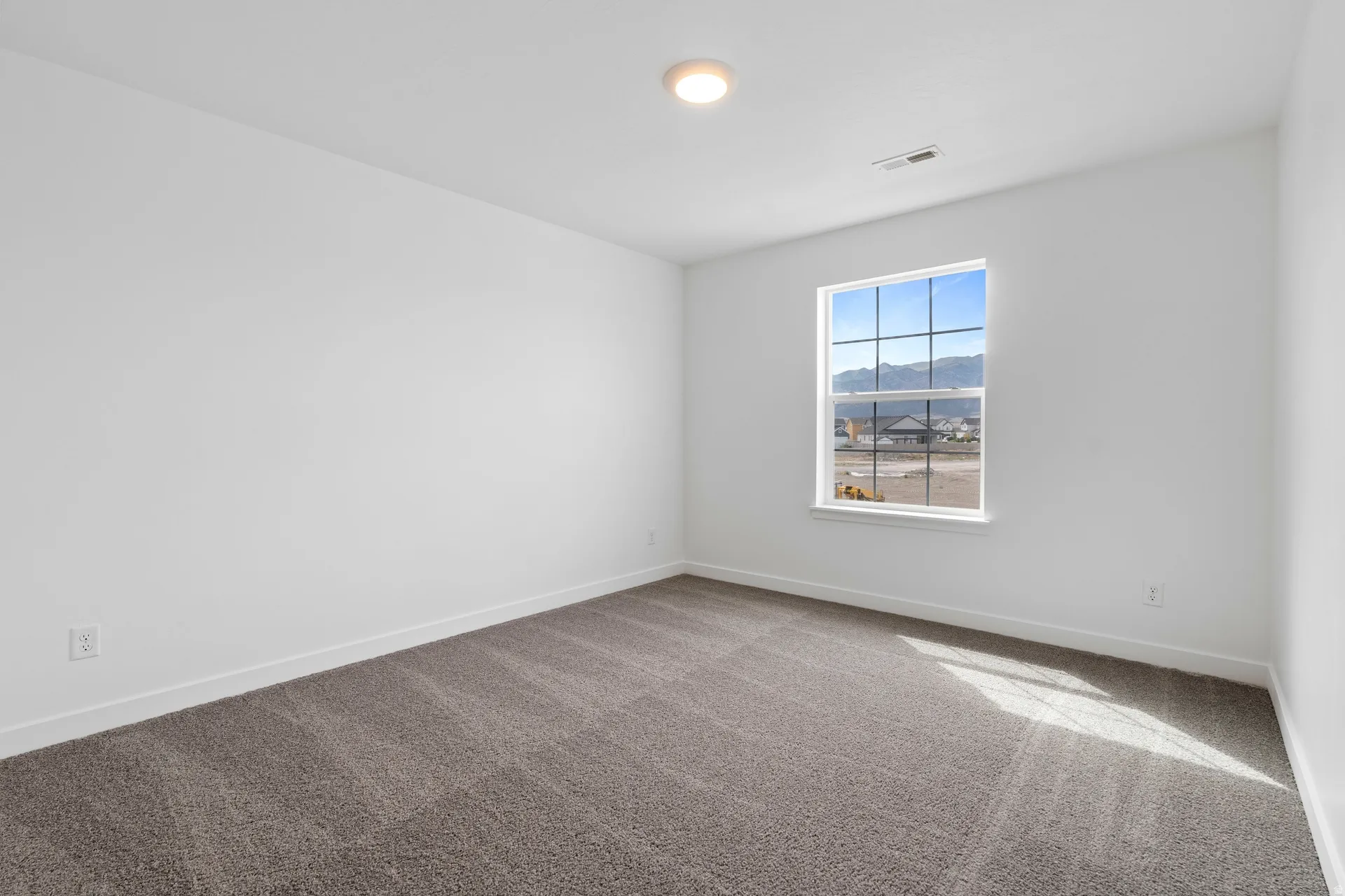 Room featuring a large window with mountain scenery, plush gray carpeting, white baseboards, and a flush-mount ceiling light