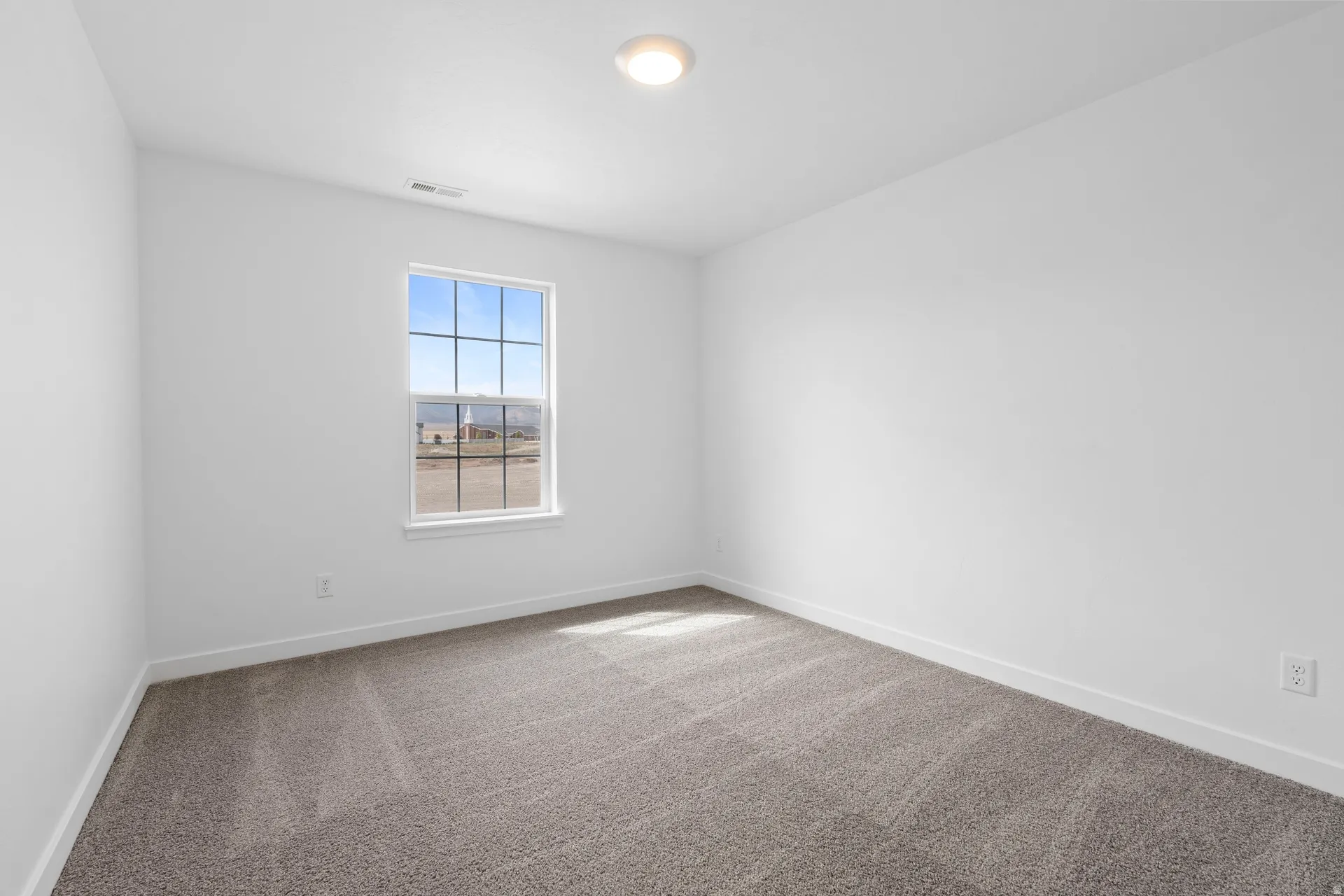 Bright room featuring a window with grid inserts, gray carpeting, white baseboards, and a flush-mount ceiling light fixture
