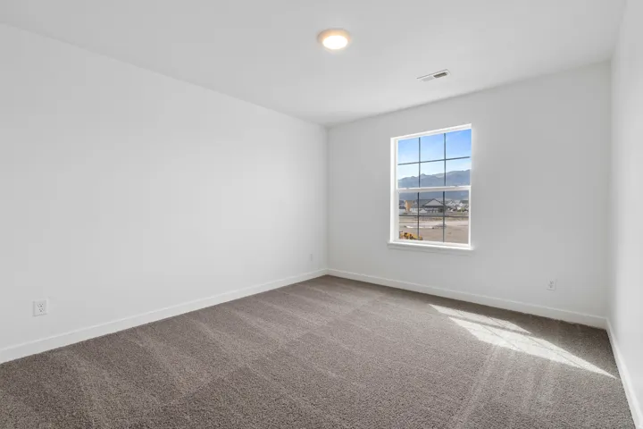 Room featuring a large window with mountain scenery, plush gray carpeting, white baseboards, and a flush-mount ceiling light