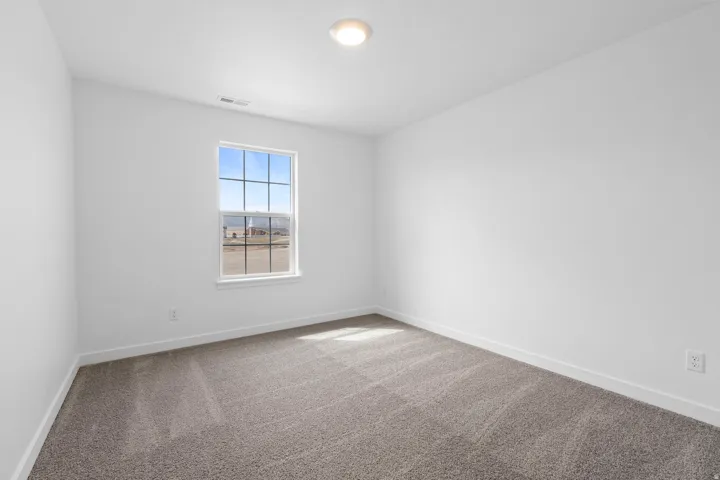 Bright room featuring a window with grid inserts, gray carpeting, white baseboards, and a flush-mount ceiling light fixture
