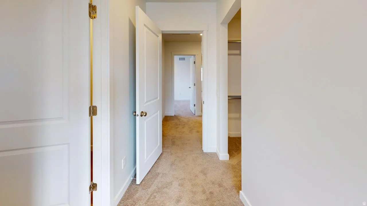 Hallway featuring neutral-toned carpeting, white interior doors with gold-tone hardware, and a closet with shelving and hanging rods