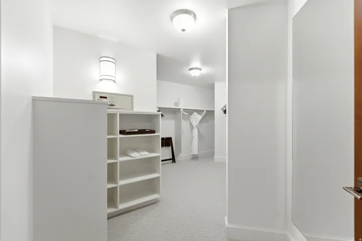 Walk-in closet featuring built-in shelving, recessed ceiling lighting, wall sconce lighting, and carpet flooring