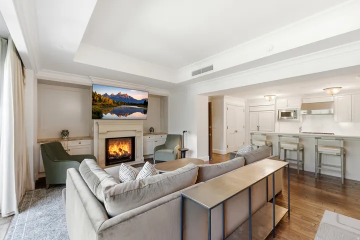 Living area featuring a stone-clad fireplace and built-in cabinetry with stone countertops