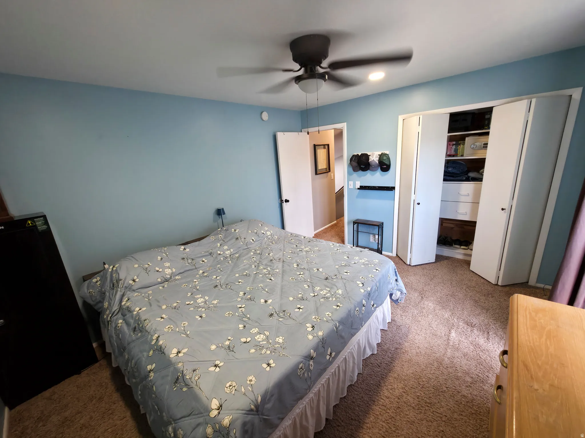 Primary bedroom: closet on right, hall at center.