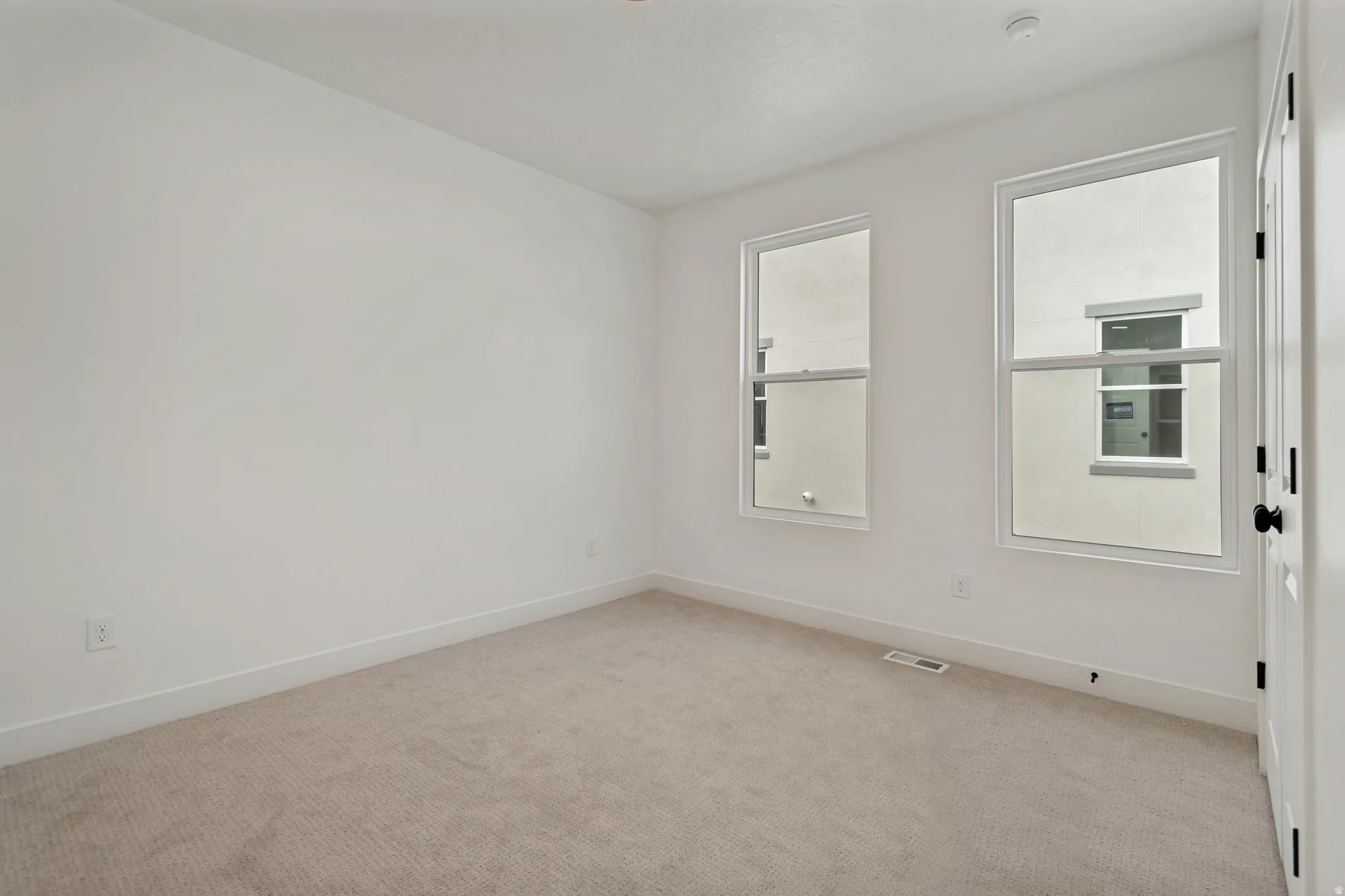 Neutral-toned carpet flooring, white painted walls, and two vertically oriented windows with white frames