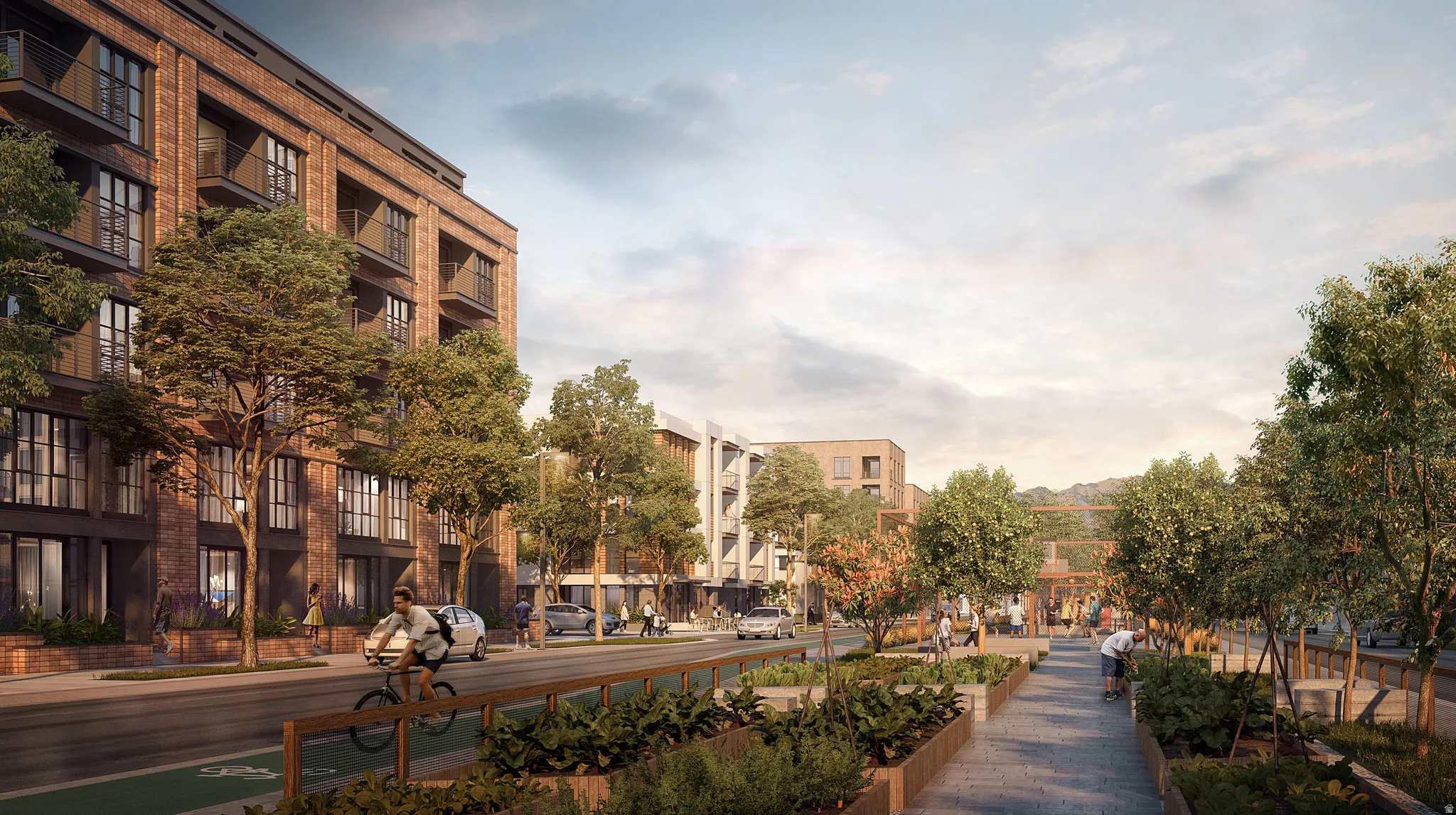 Brick facade building with multiple balconies, tree-lined street, dedicated bicycle lane, and planted garden areas