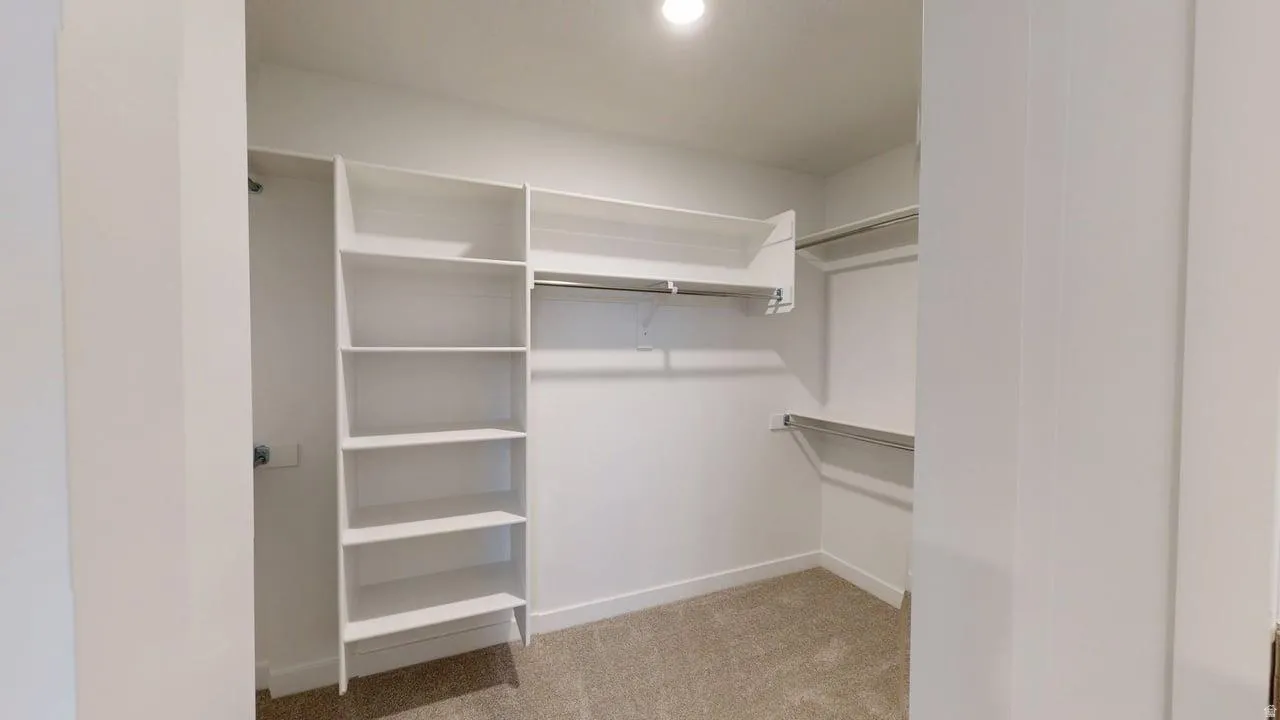 Walk-in closet featuring built-in shelving, multiple hanging rods, recessed ceiling lighting, and carpet flooring