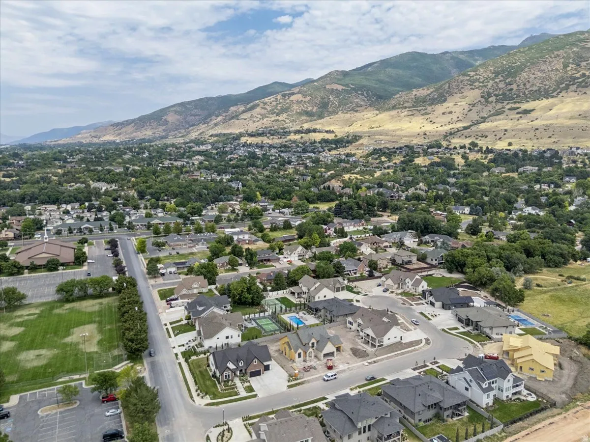 Aerial perspective showcasing a residential area with varied home styles