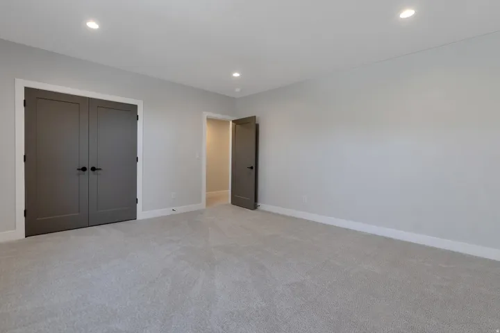 Neutral-toned room featuring a light gray carpet, recessed lighting, and a double-door closet with dark gray doors and matte black hardware