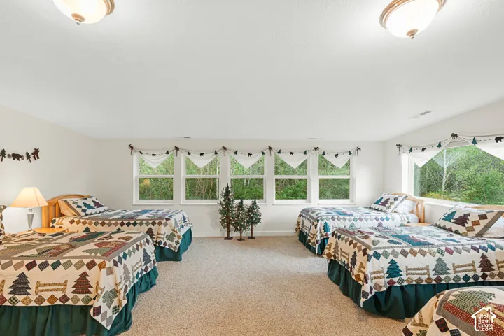 Spacious room with light neutral walls and light beige carpet flooring