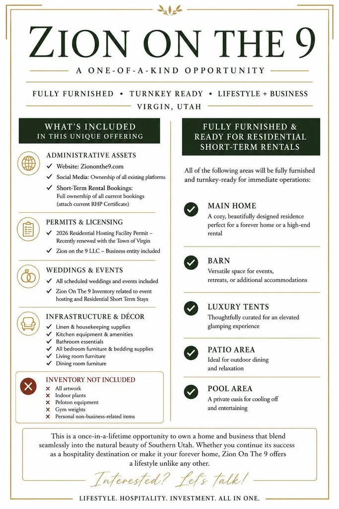 Marketing Flyer. Outlining included and excluded assets, permits, and property features for a specific offering