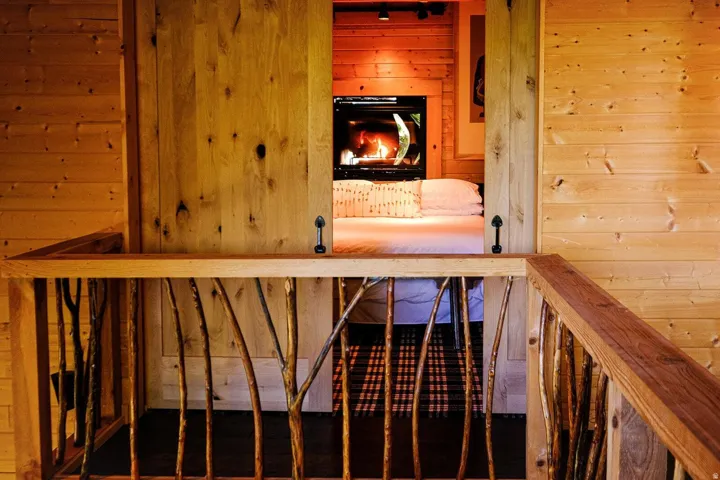 Natural wood railing with branch-style balusters opens to a room with a modern fireplace, wood-paneled walls, and track lighting