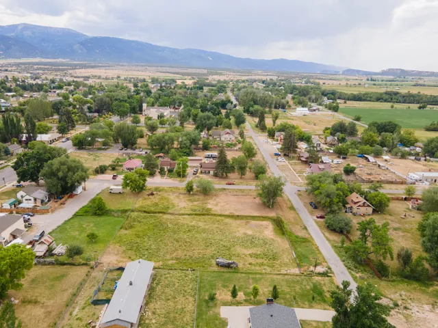 Expansive undeveloped land parcel surrounded by mature trees, residential properties, and distant mountains