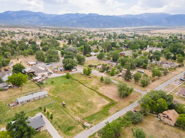 Expansive aerial showing a residential area with varied housing styles, mature trees, and mountainous terrain in the background