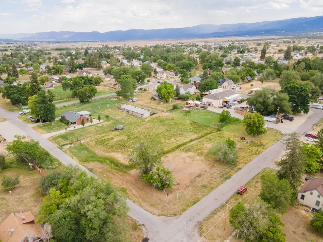 Expansive undeveloped land parcel with surrounding residential properties, featuring mature trees and a clear mountain backdrop