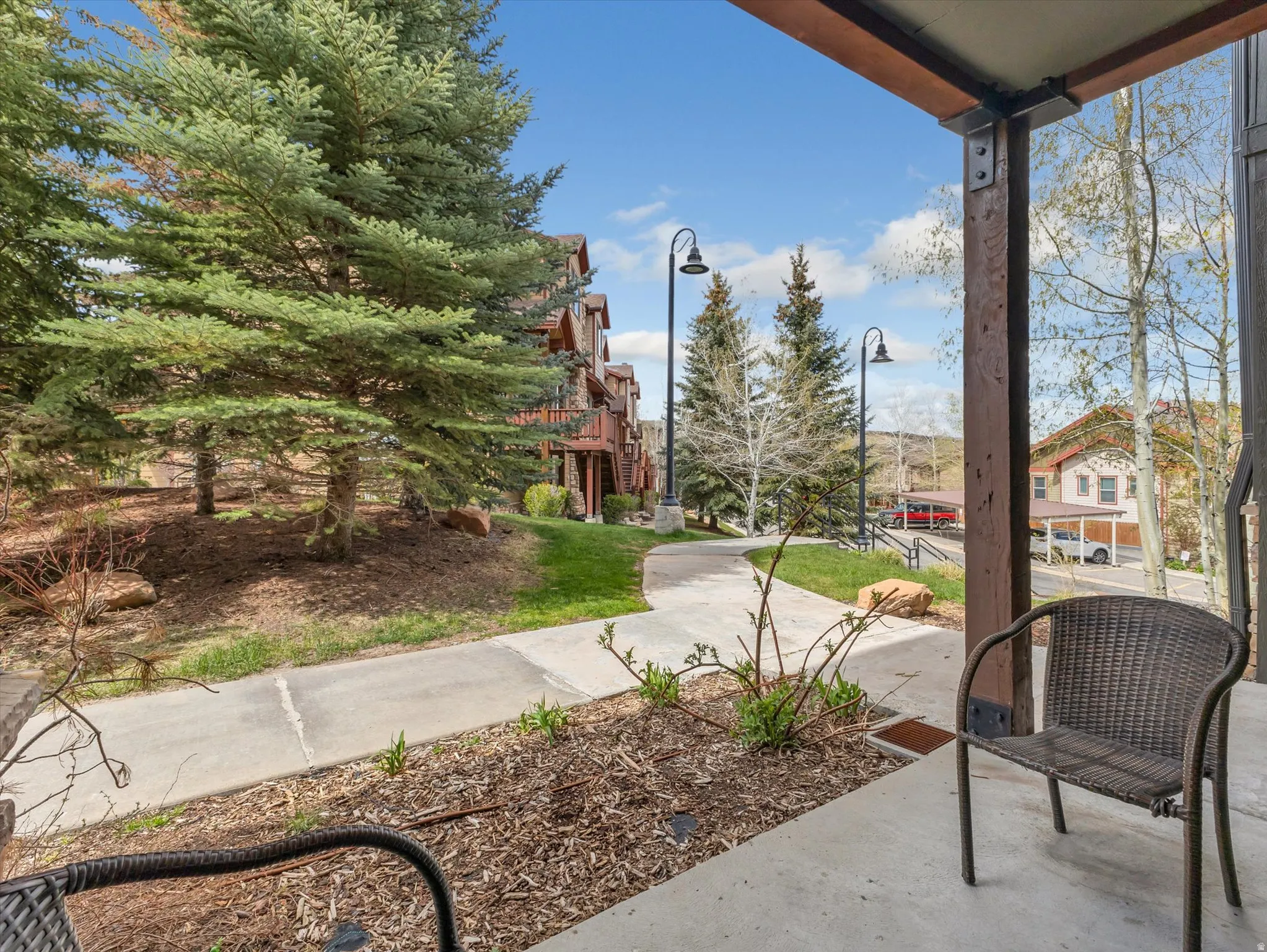 Covered concrete patio featuring exposed structural beams, a concrete pathway, a landscaped planting bed, and mature evergreen trees