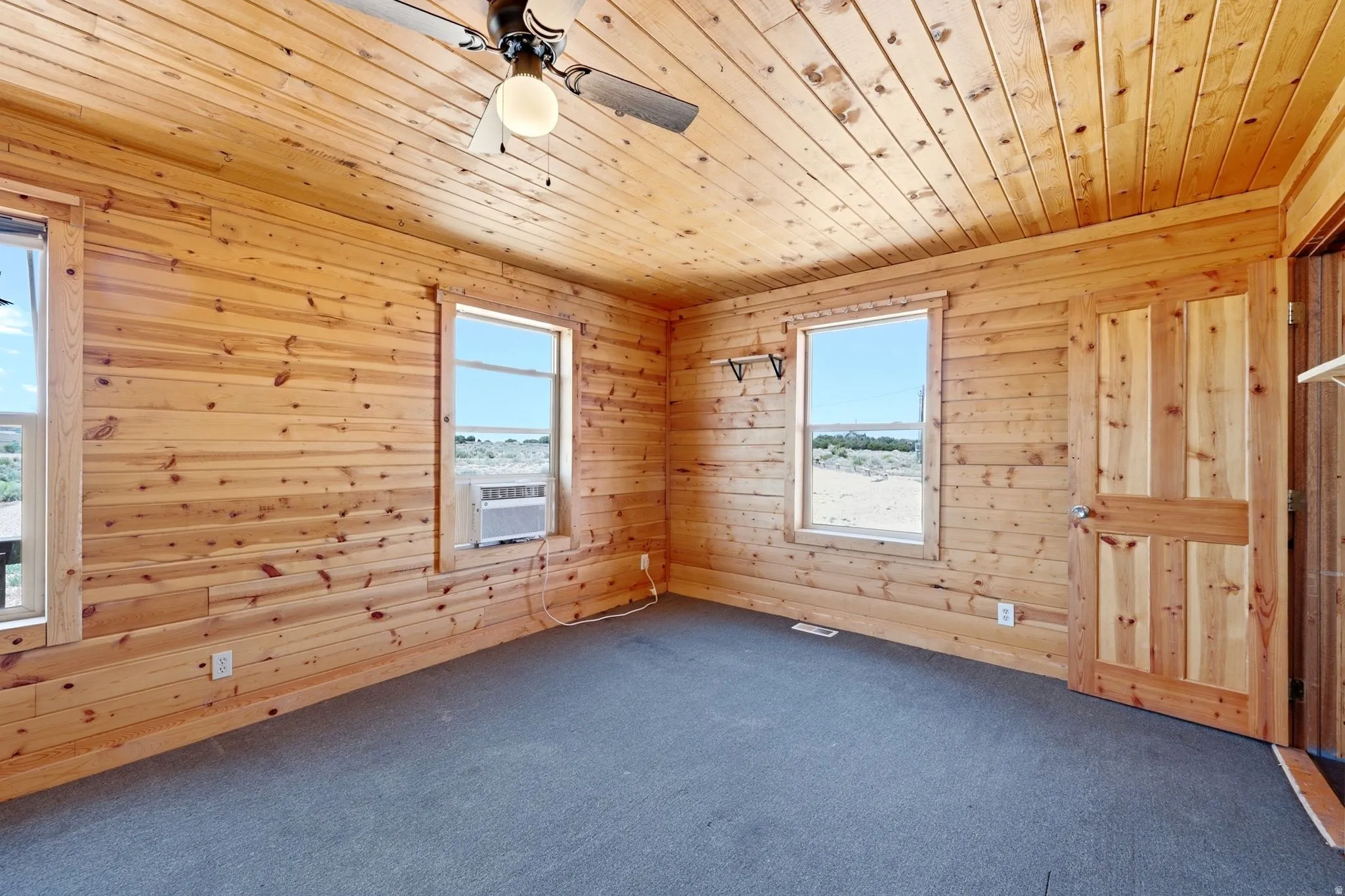 Interior space featuring wood-paneled walls and ceiling, two windows, a ceiling fan, and a paneled wood door