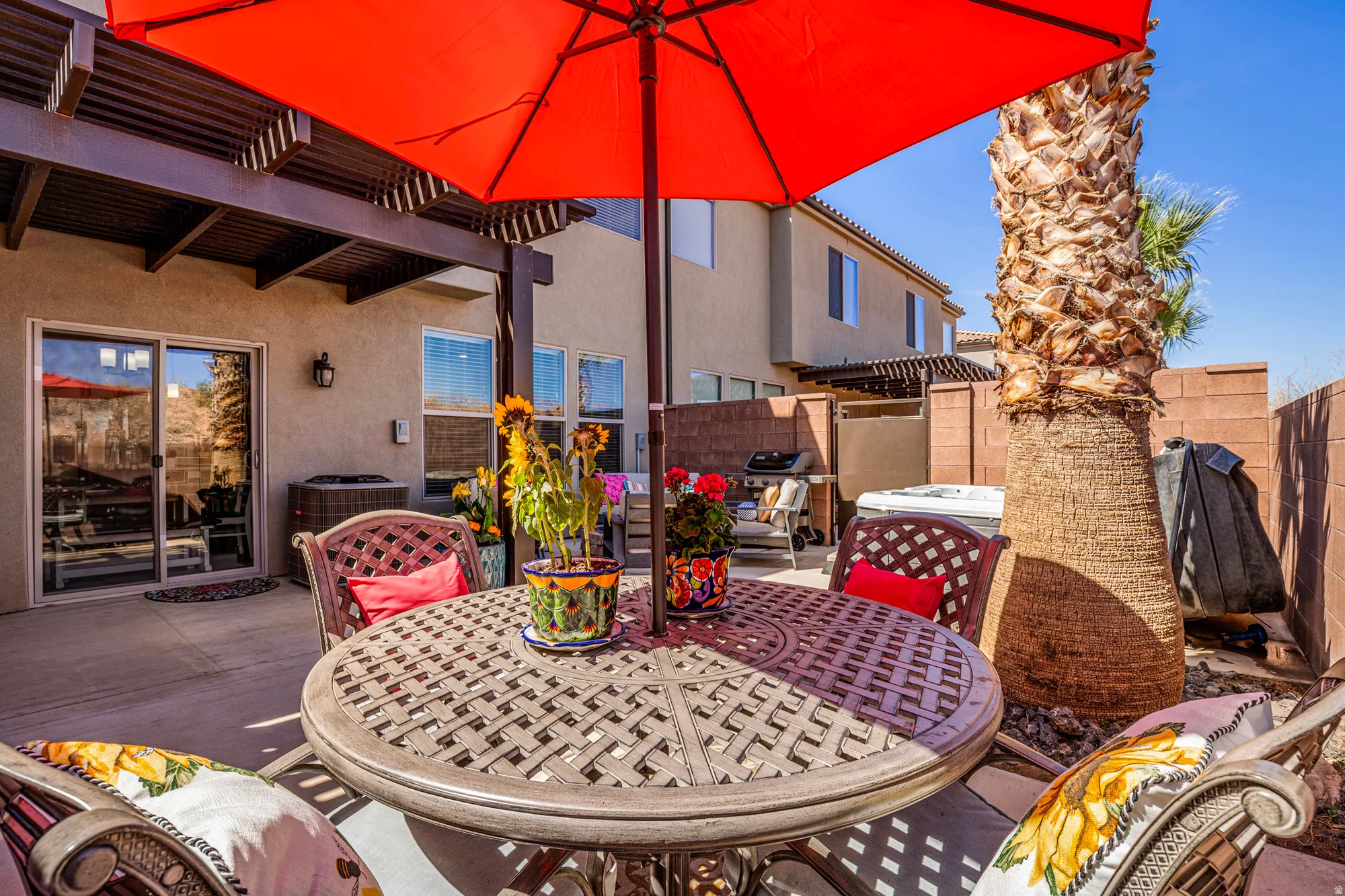 Paved patio featuring a pergola, sliding glass door entry, and an established palm tree