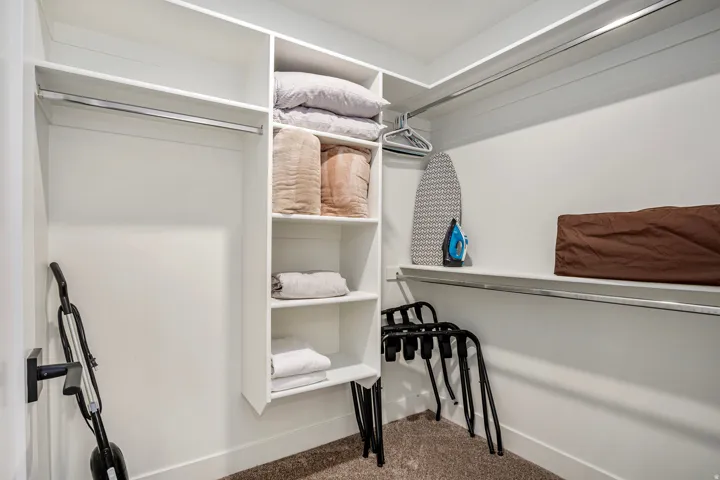 Walk-in closet with built-in shelving, white walls, carpet flooring, and clothing rods