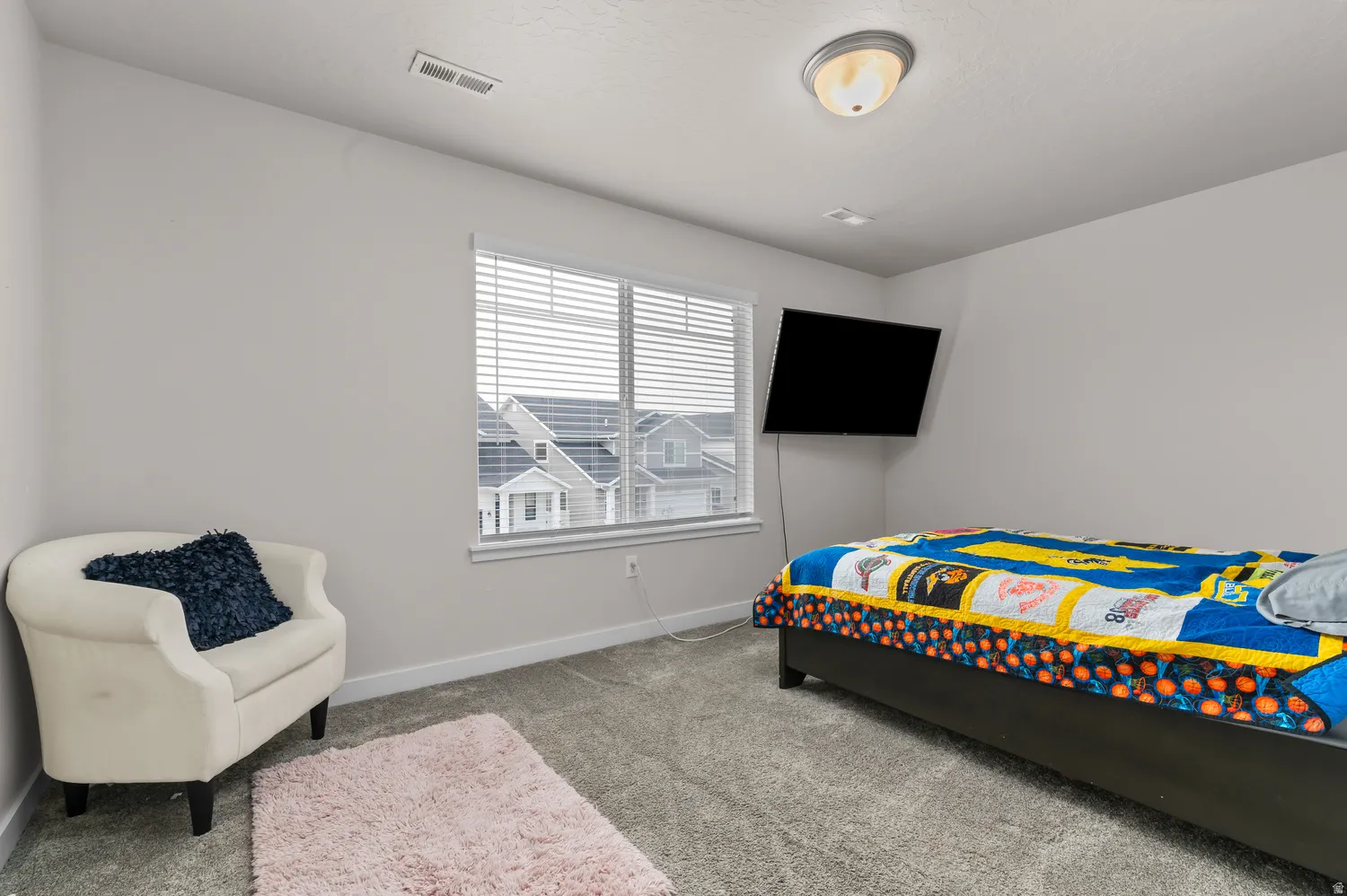 Carpeted room featuring a window with blinds, a wall-mounted flat-screen television, and a flush-mount ceiling light fixture