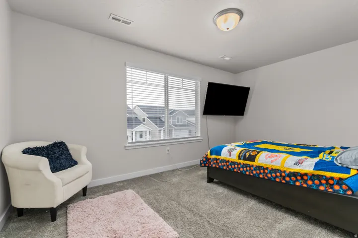 Carpeted room featuring a window with blinds, a wall-mounted flat-screen television, and a flush-mount ceiling light fixture