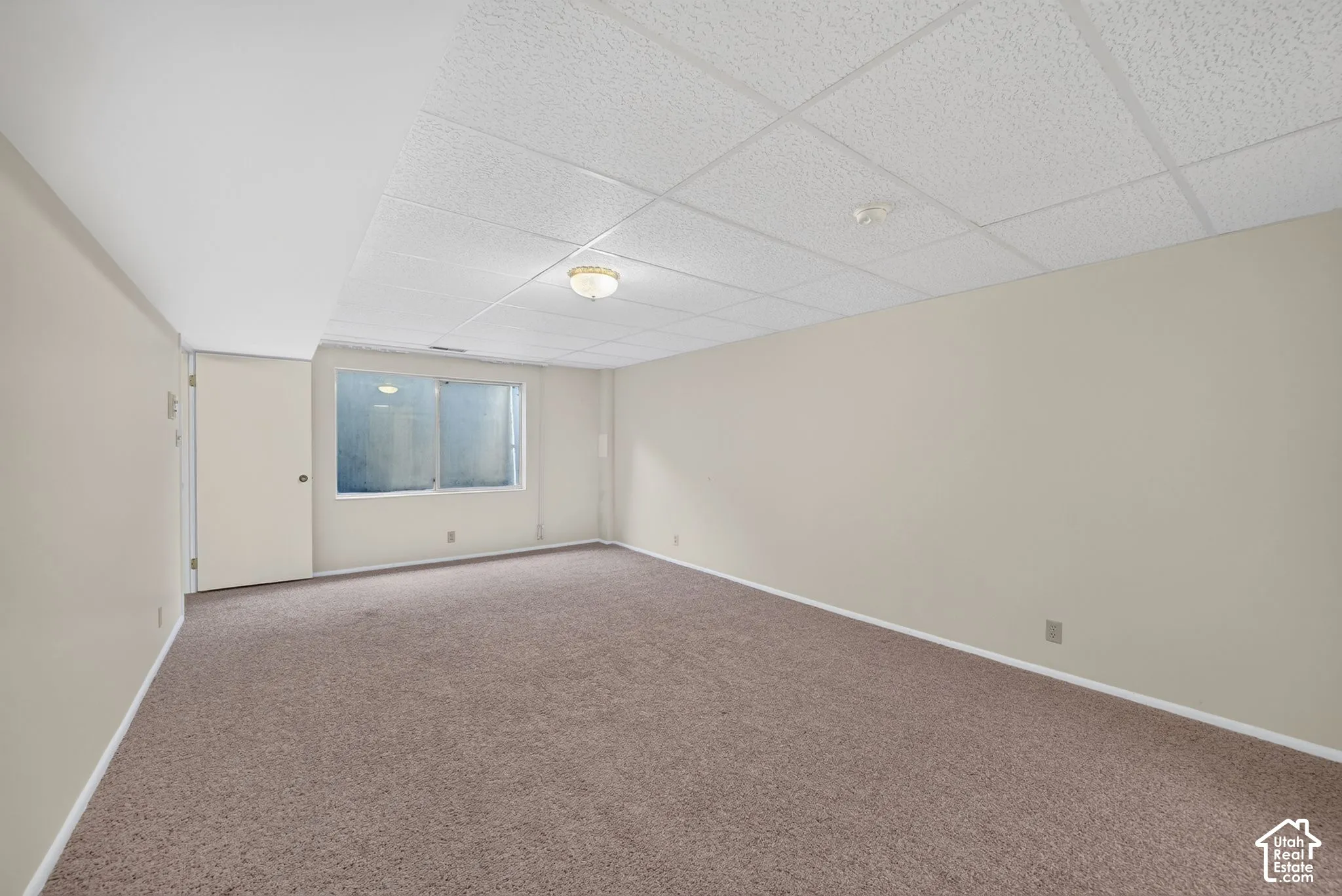 Spacious room featuring neutral carpeting, light beige walls, a drop ceiling, and a single light fixture