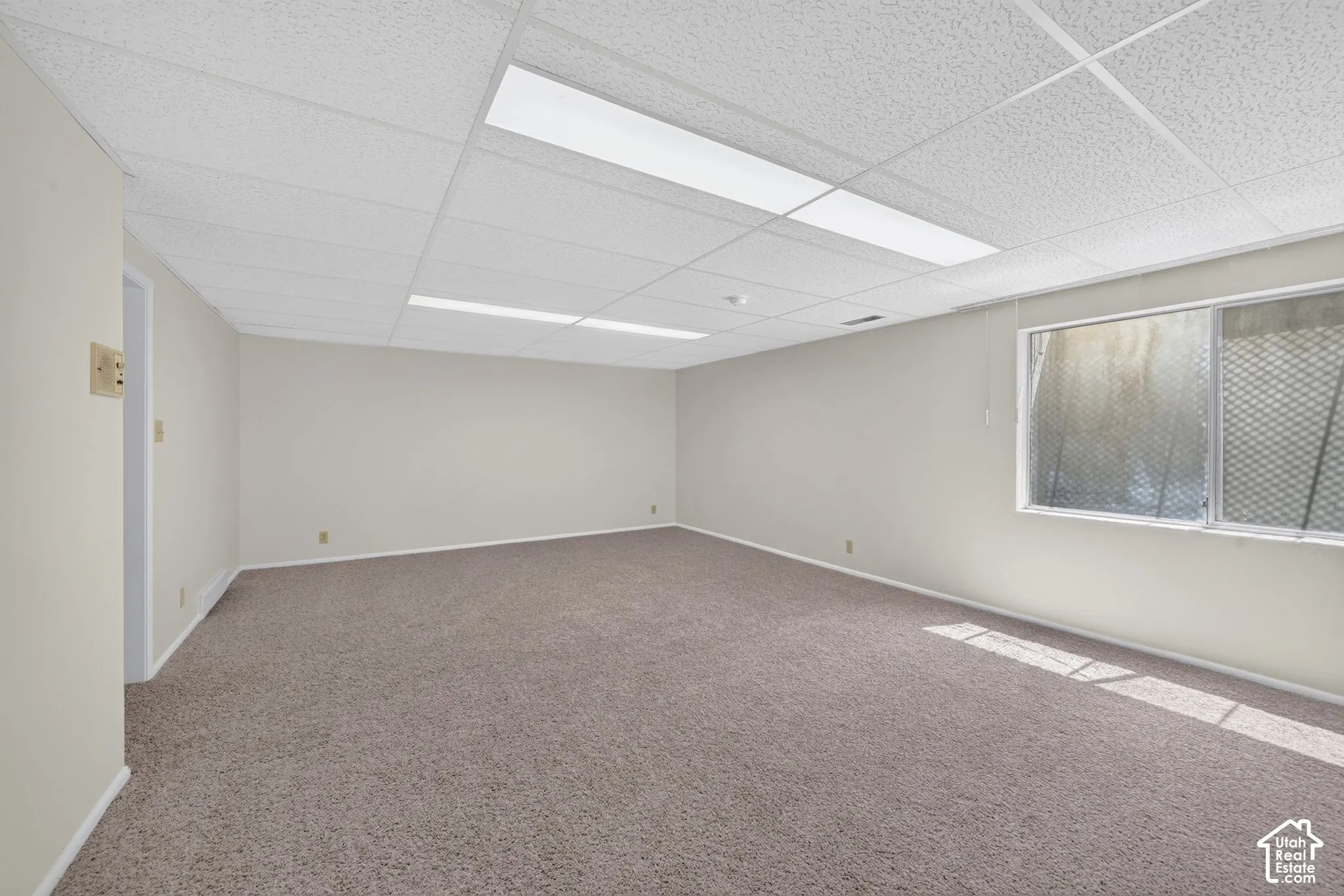 Spacious room featuring neutral carpeting, light-toned walls, and a dropped ceiling with integrated fluorescent lighting