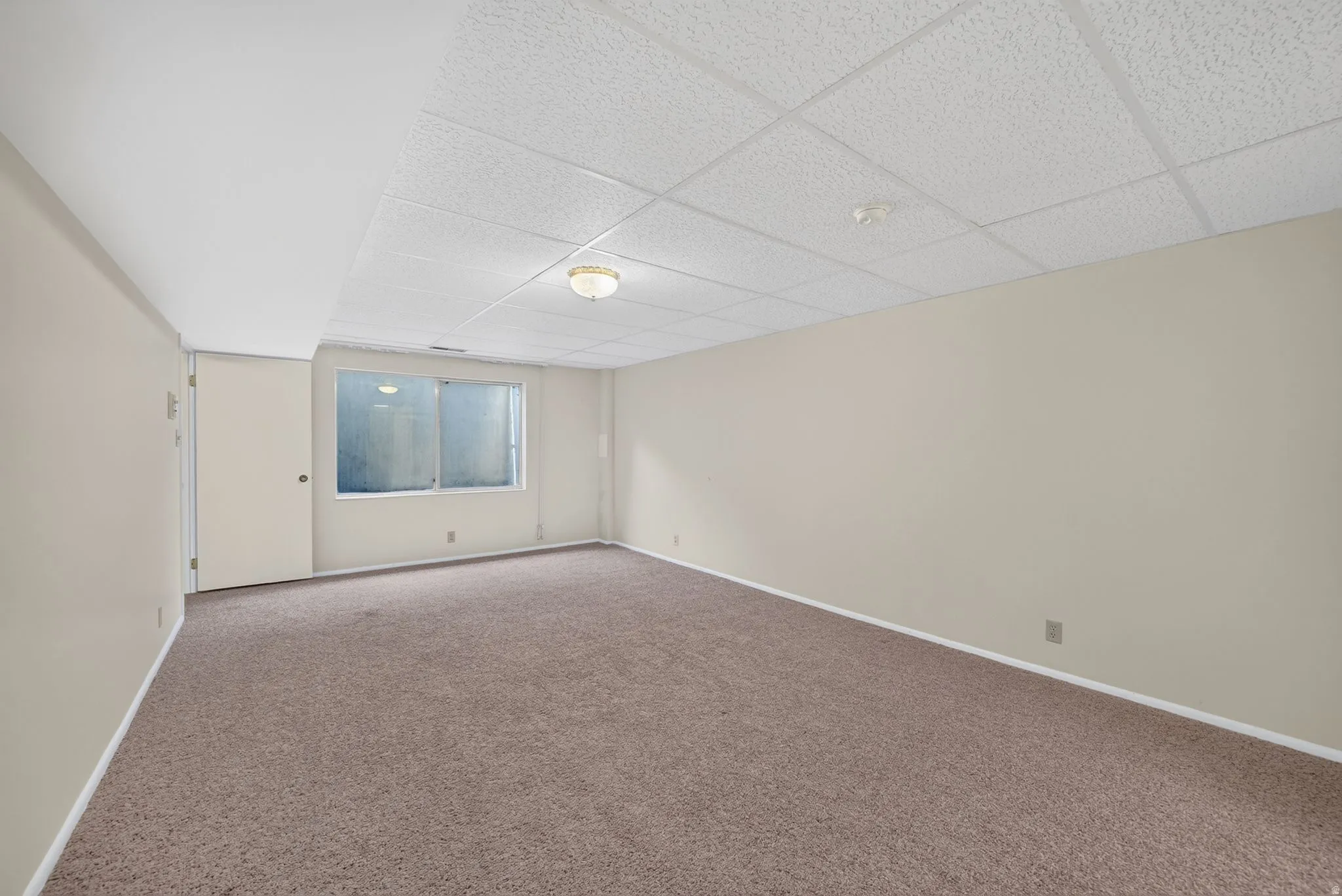 Spacious room featuring neutral carpeting, light beige walls, a drop ceiling, and a single light fixture