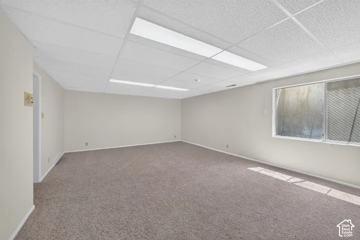 Spacious room featuring neutral carpeting, light-toned walls, and a dropped ceiling with integrated fluorescent lighting