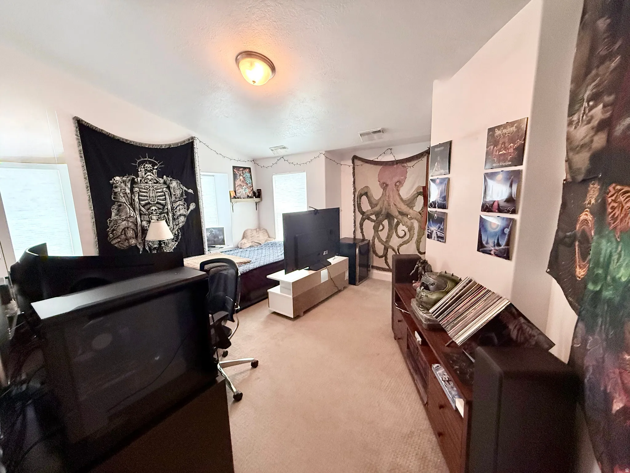 Carpeted room featuring sloped ceilings and multiple windows providing natural light