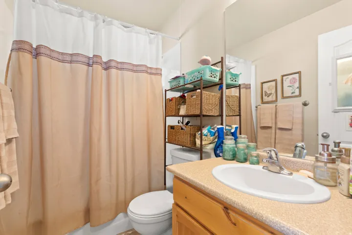 Built-in vanity with an integrated sink and chrome faucet