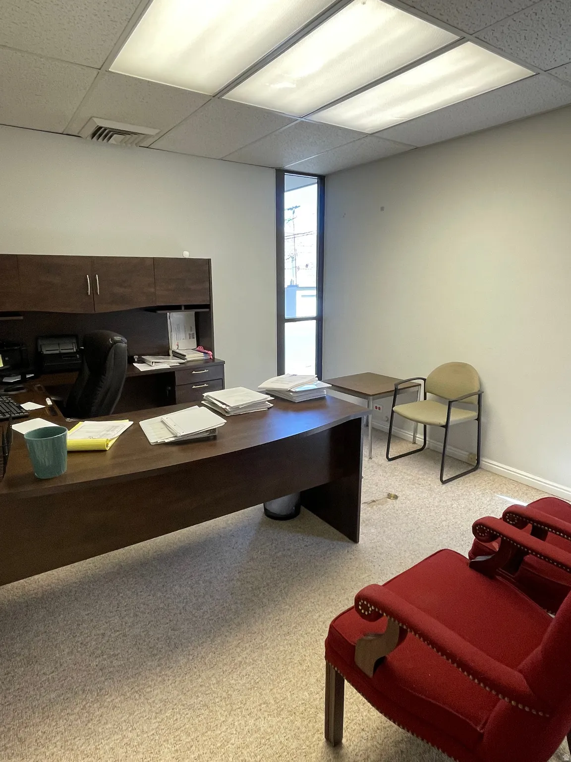 Office space featuring light-toned carpet, built-in dark wood cabinetry, overhead fluorescent lighting, and a large window
