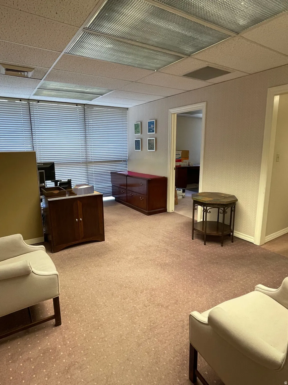 Spacious interior room with light pink patterned carpeting, textured wallpaper, and an acoustic tile ceiling with integrated fluorescent lighting