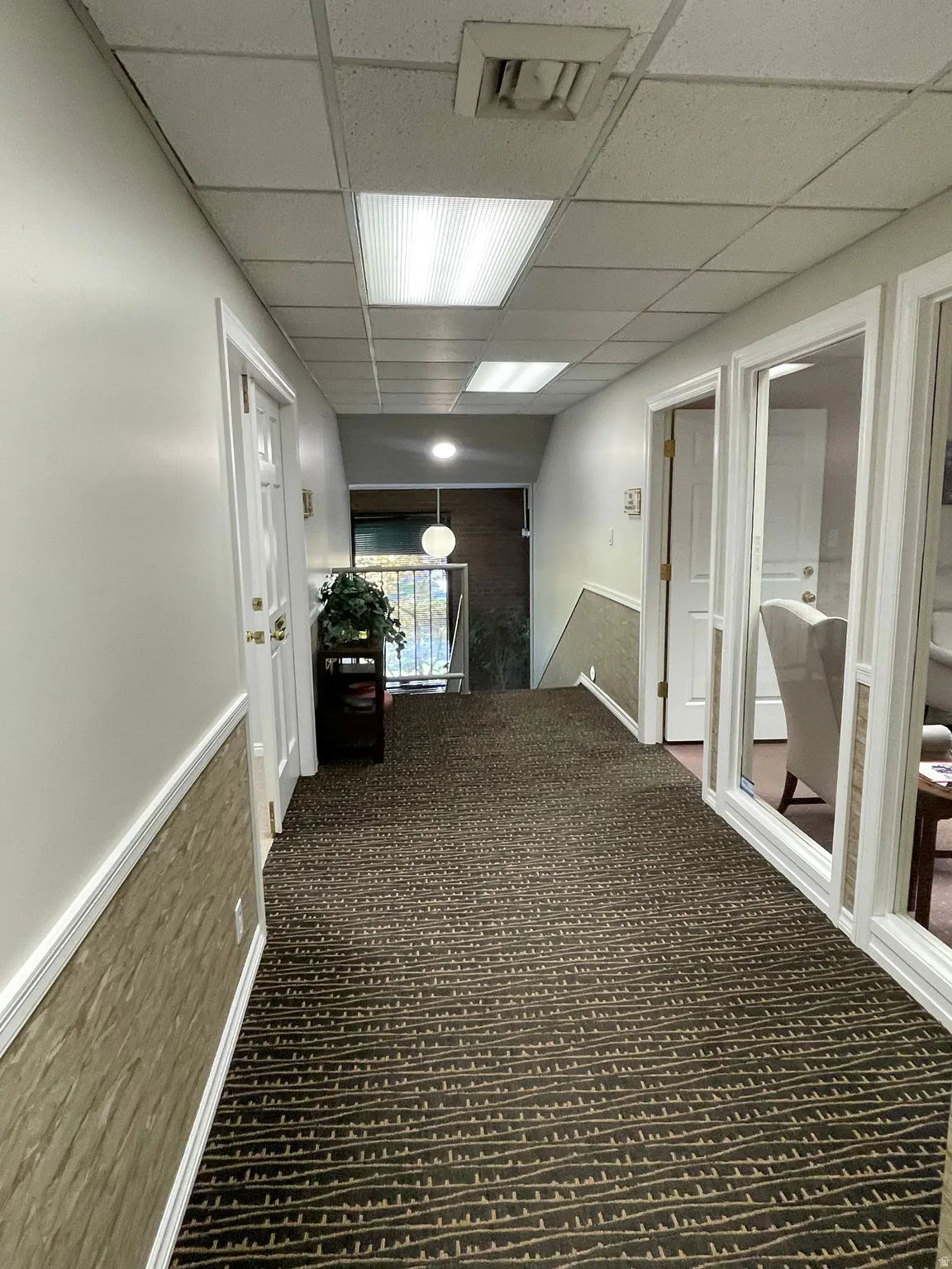 Well-lit hallway featuring patterned carpeting, paneled wall detailing, drop ceiling with recessed lighting, and glass-paneled office doors