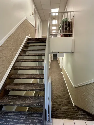 Staircase featuring patterned carpet treads and metal railing