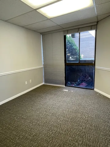 Windowed room featuring textured carpeting, white baseboards, chair rail molding, and a drop ceiling with integrated fluorescent lighting