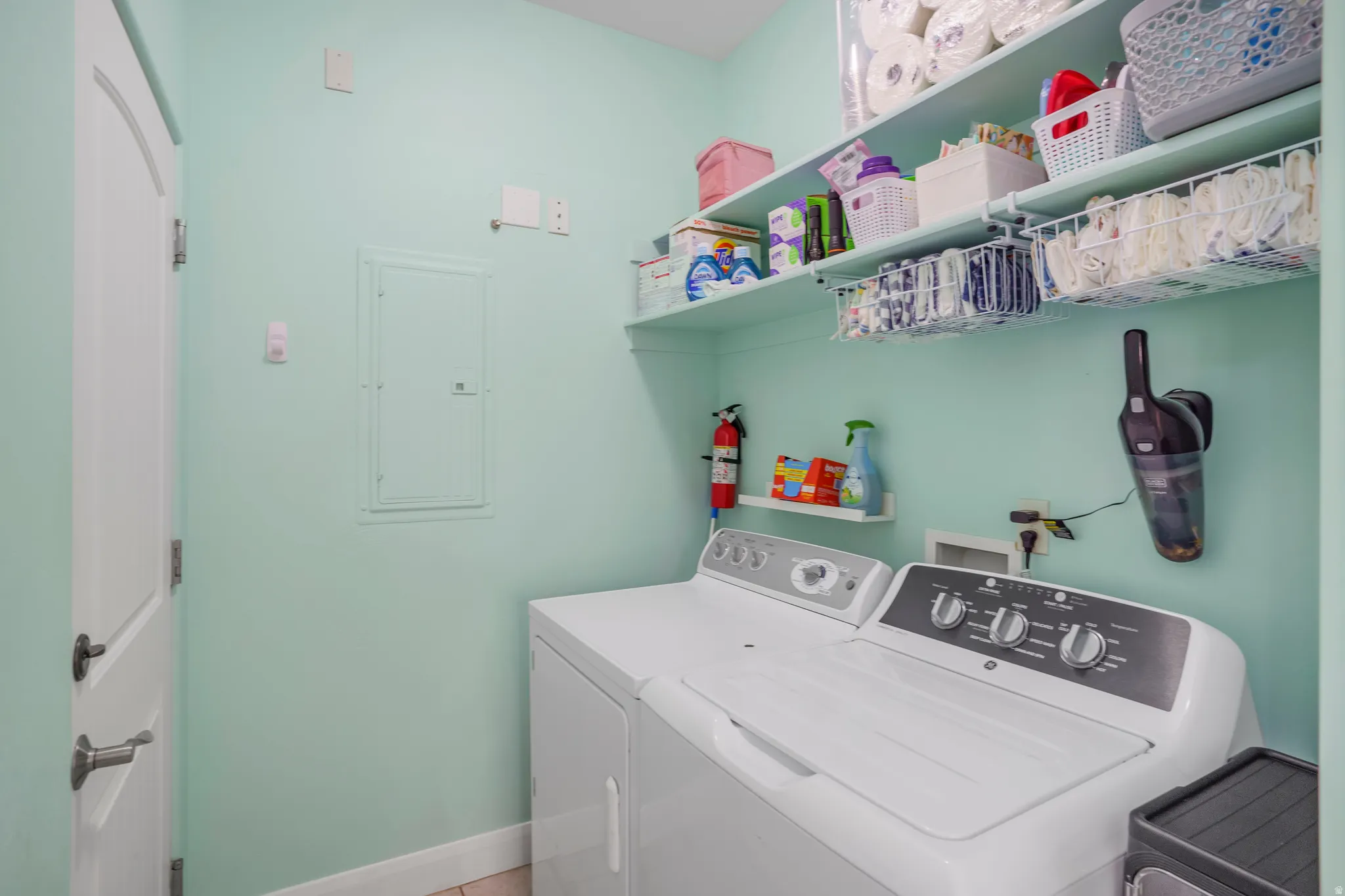 Dedicated utility space featuring light green walls, a white paneled door with dark hardware, and robust shelving for organization