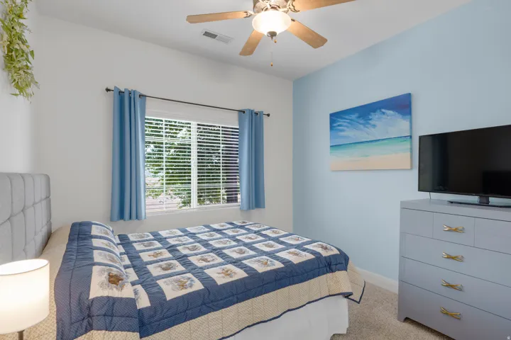 Bedroom featuring a window with blinds, ceiling fan with light fixture, carpeted flooring, and a light blue accent wall