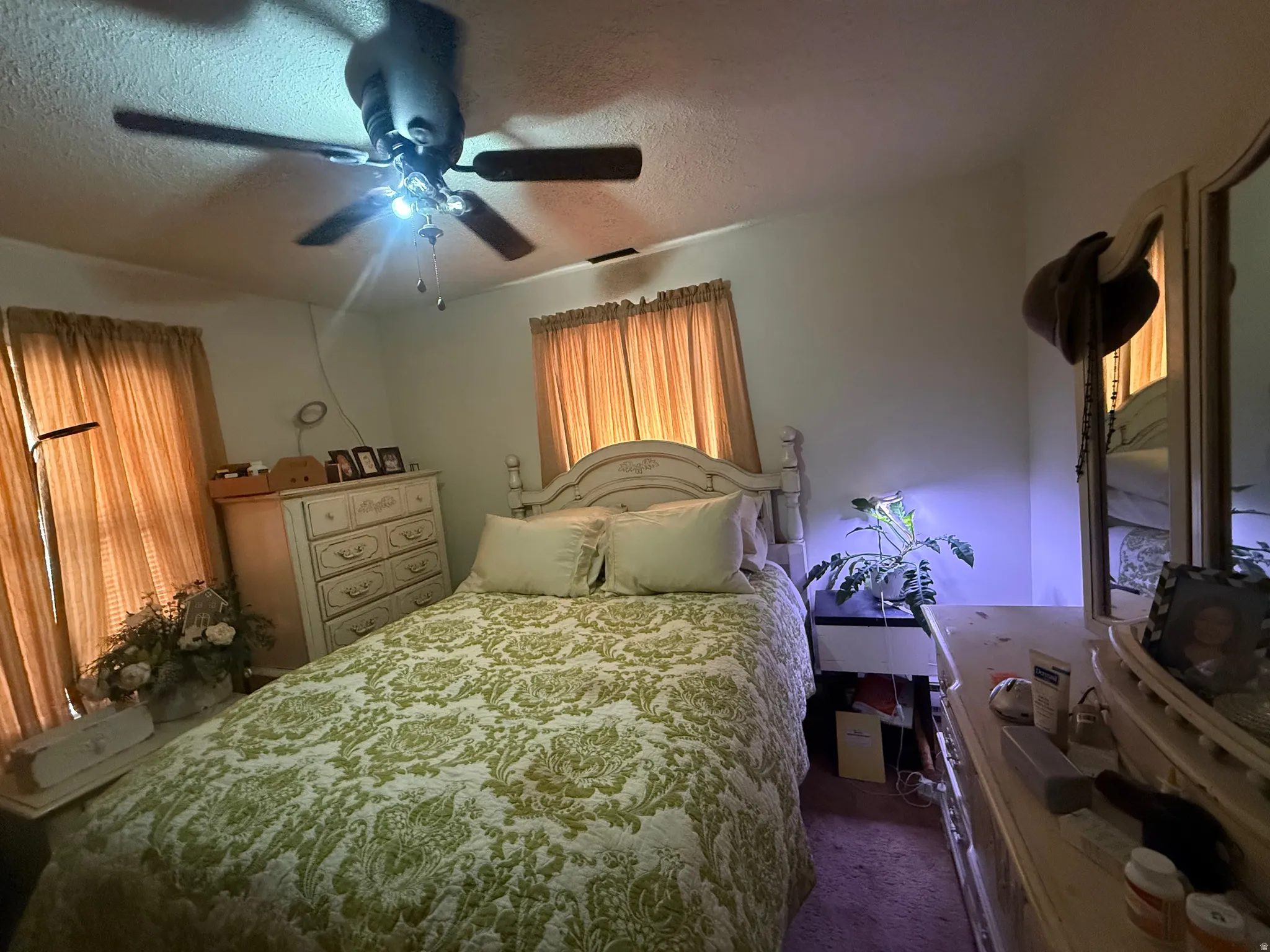 Bedroom featuring a ceiling fan with integrated lighting, twin windows, wall-to-wall carpeting, and painted walls