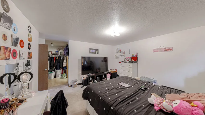 Carpeted room featuring a built-in closet with wood-finish door, white walls, and a ceiling-mounted light fixture