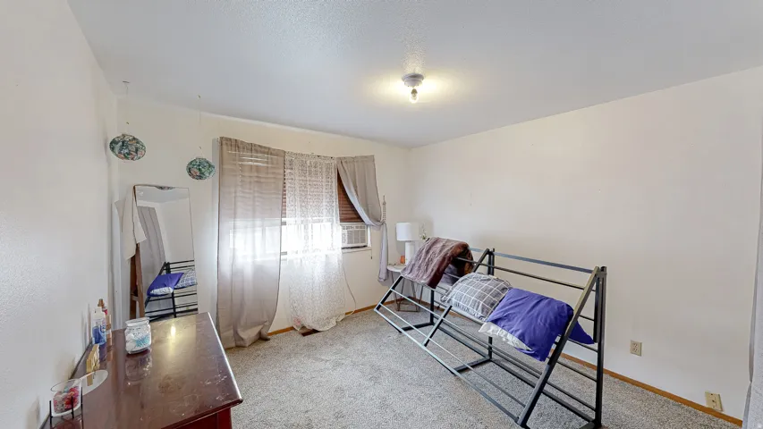 Carpeted room with a ceiling-mounted light fixture