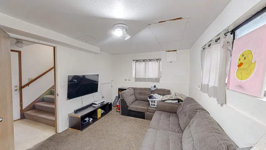Carpeted interior space with white walls and a white ceiling