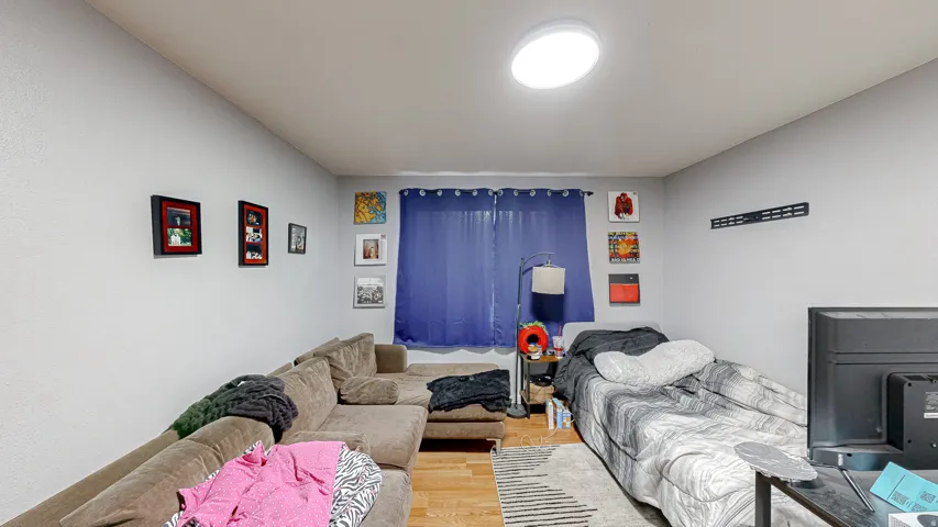 Light gray walls featuring a single window with blue curtains, wood-finish flooring, and a flush-mount ceiling light fixture