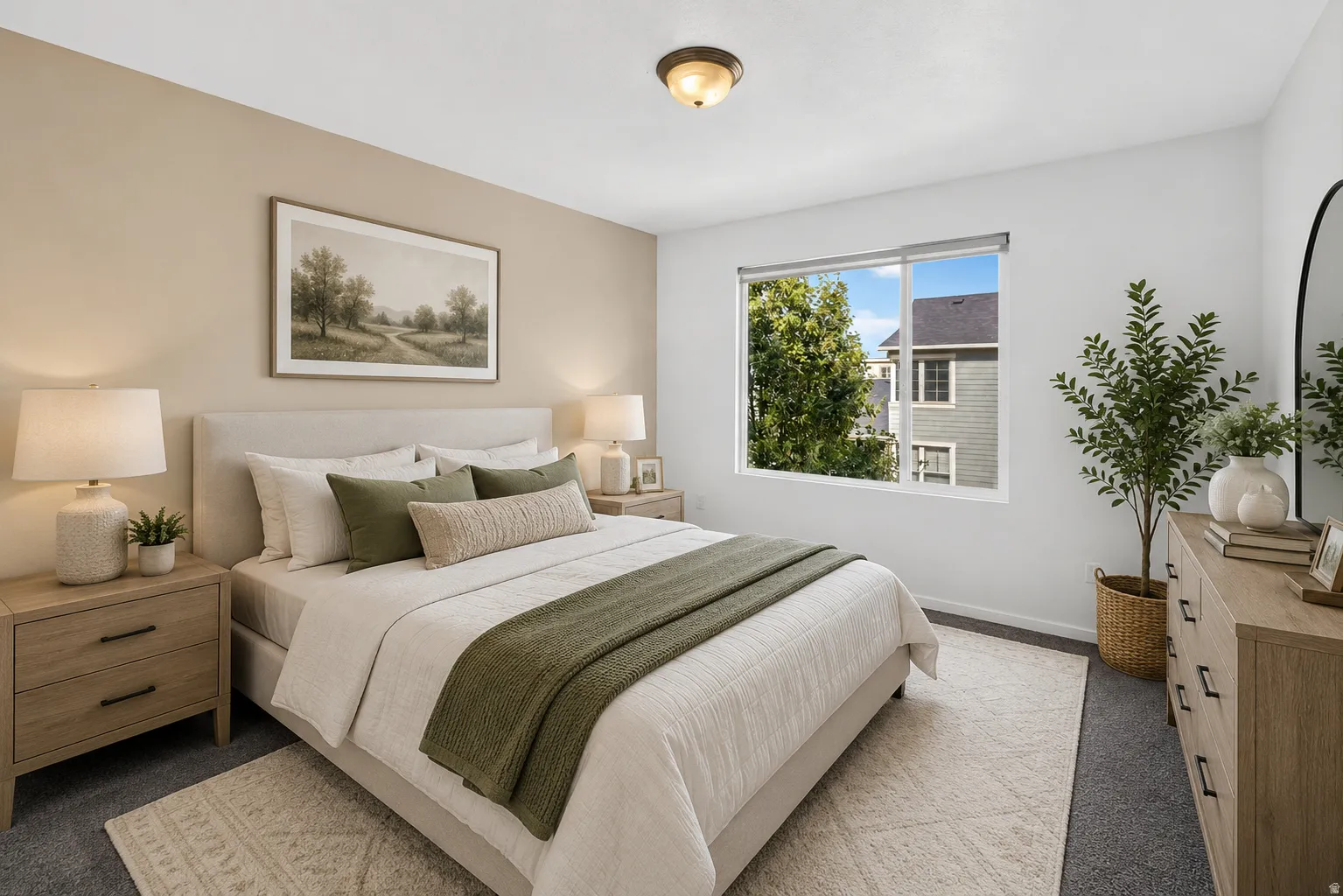Virtually staged bedroom featuring a large window, neutral wall tones, and dark gray carpeting