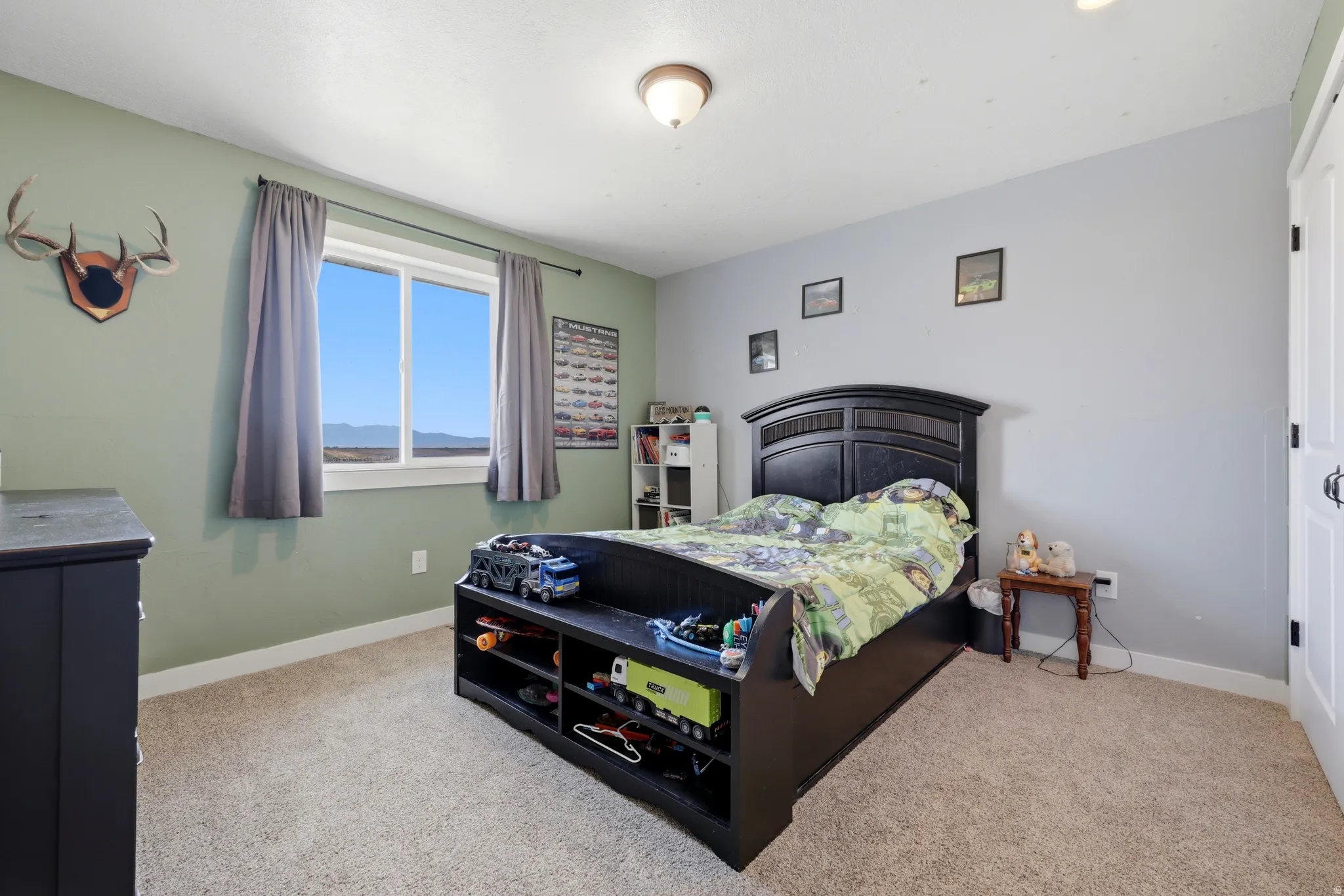 Bedroom featuring dual-tone painted walls, carpet flooring, and a single window with white trim