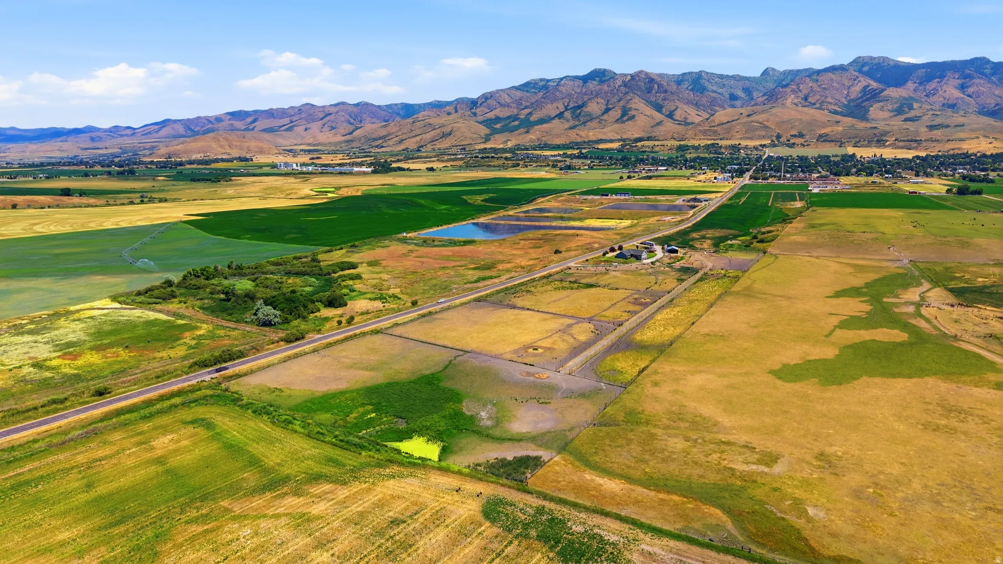 Expansive agricultural acreage featuring diverse fields, a natural pond, and a paved roadway