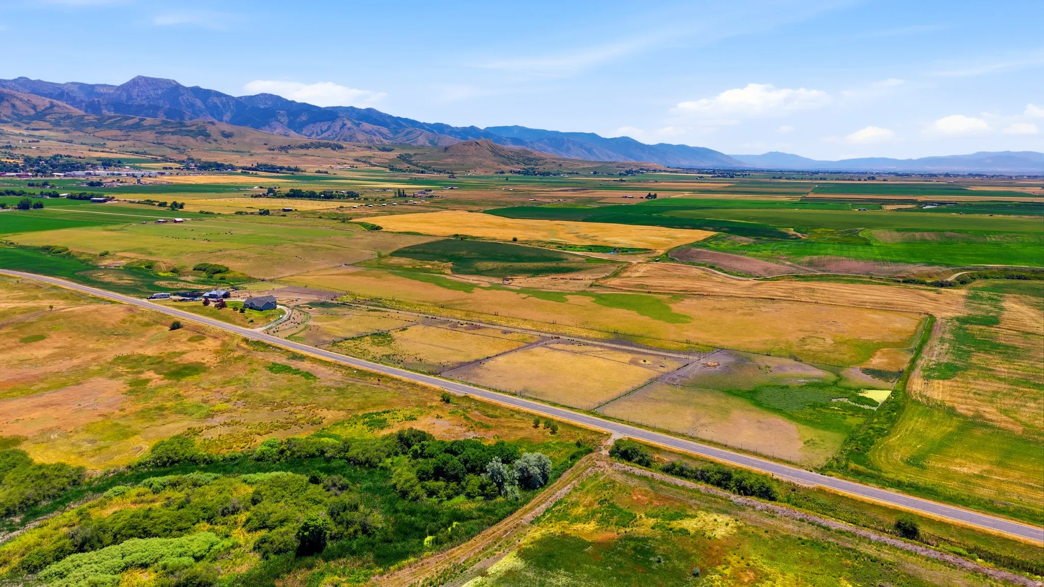 Expansive agricultural landscape featuring green and golden fields, a paved road, and distant mountains under a blue sky